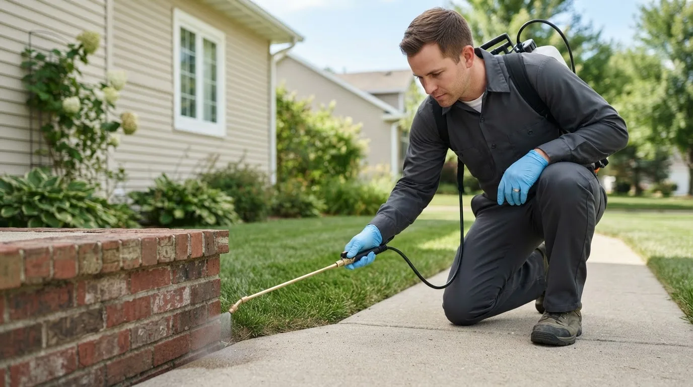 Pest control technician treating a home near Lidgerwood, ND